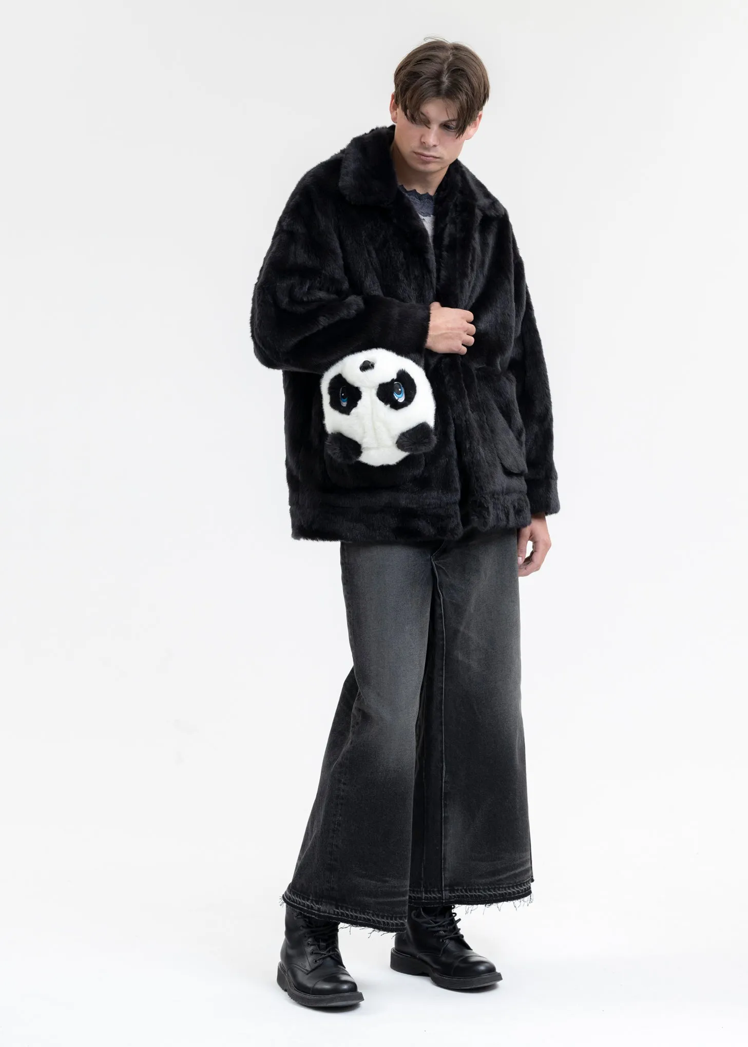 BLACK AND-PAINTED FUR JACKET (PANDA)