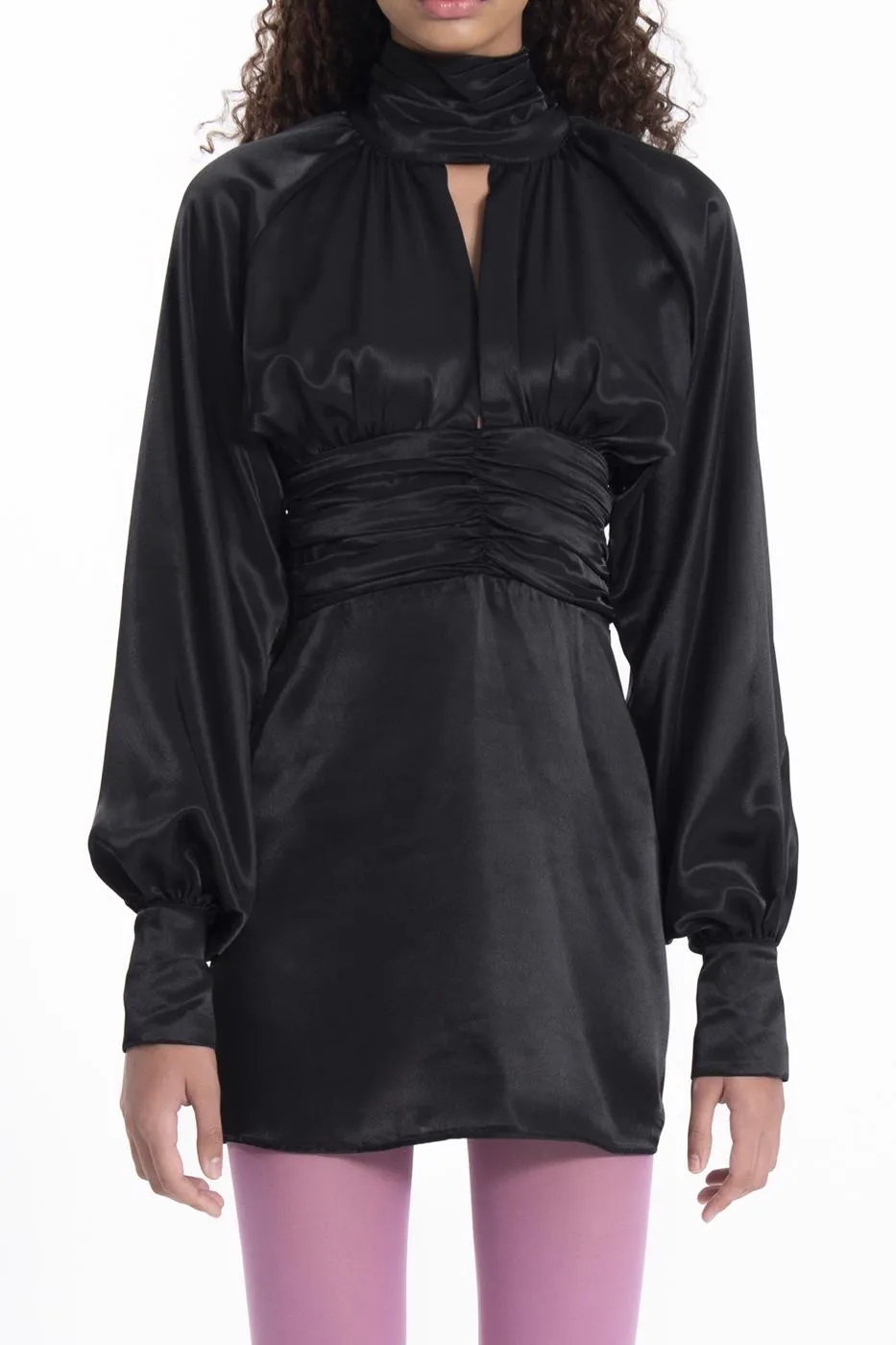 Black High Collar Balloon Sleeve Mini Satin Dress