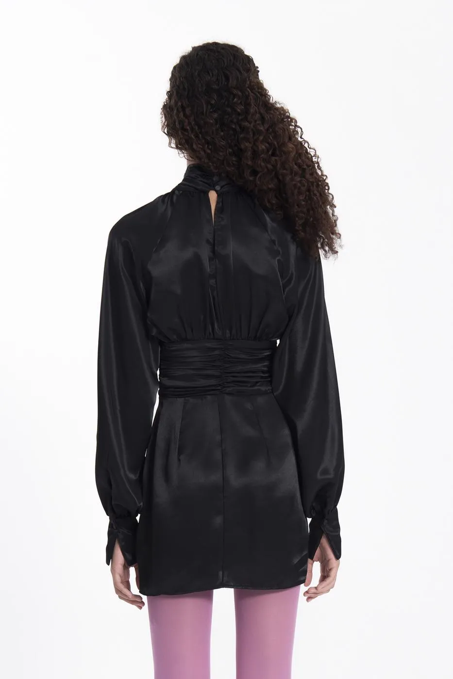 Black High Collar Balloon Sleeve Mini Satin Dress
