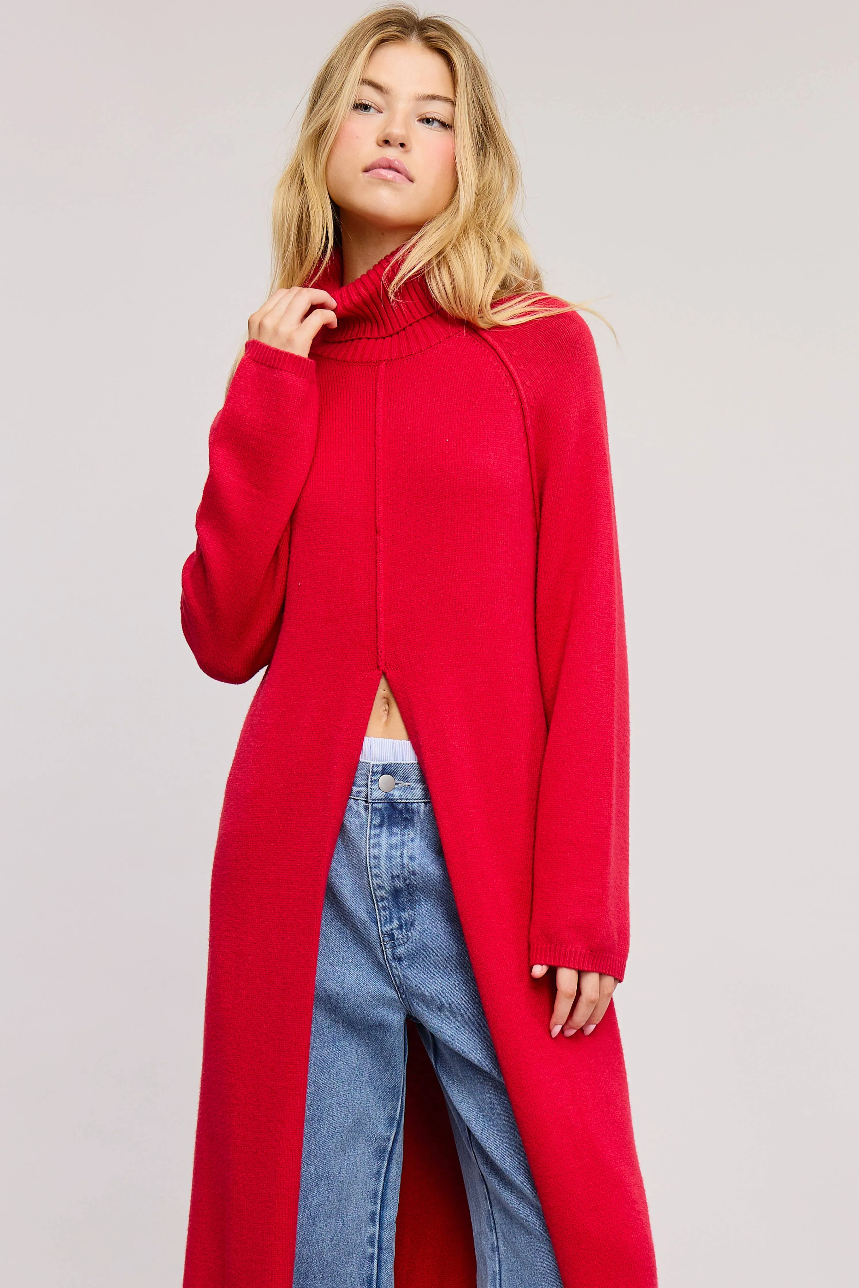 Carrie Split Front Tunic Sweater // Red