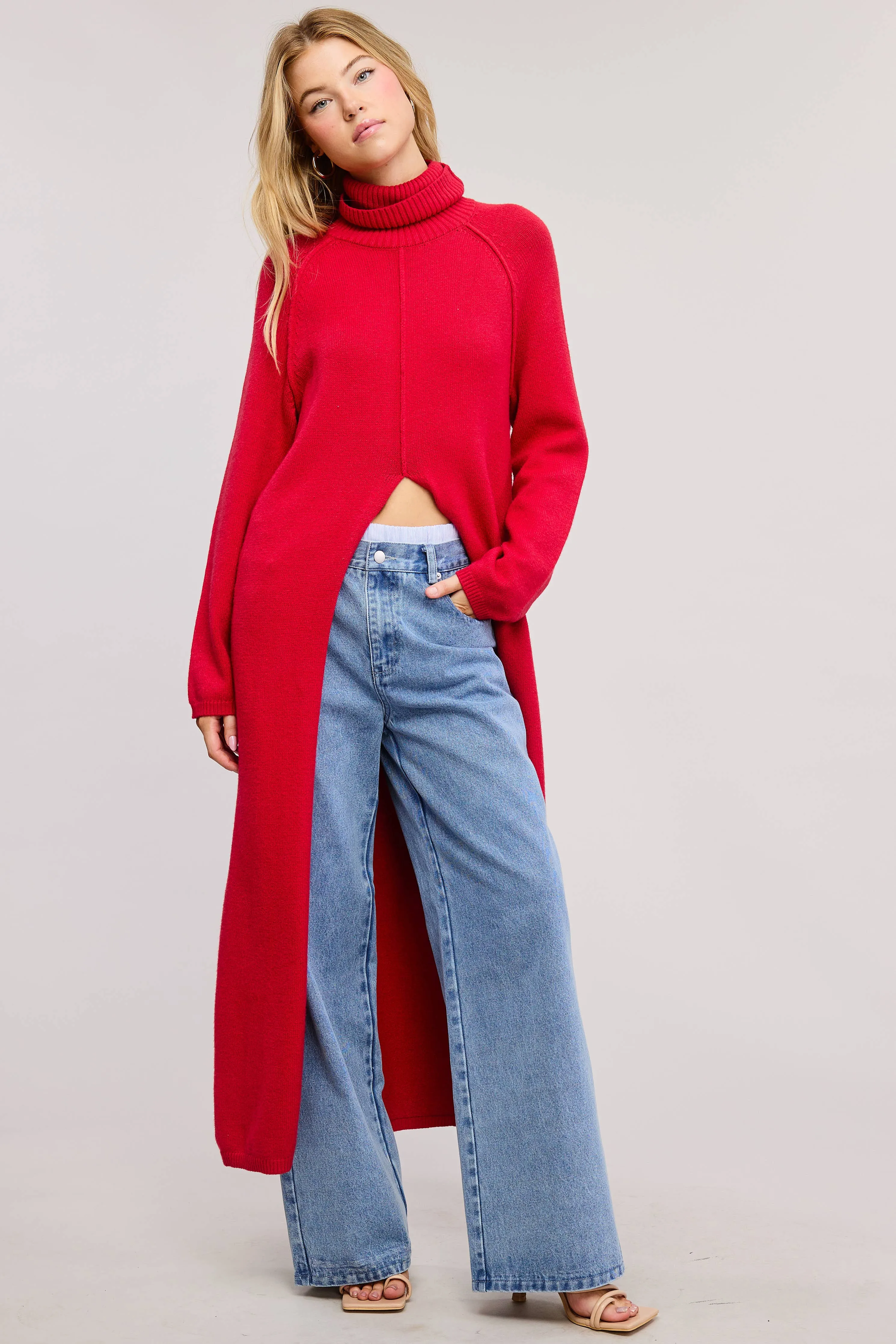 Carrie Split Front Tunic Sweater // Red