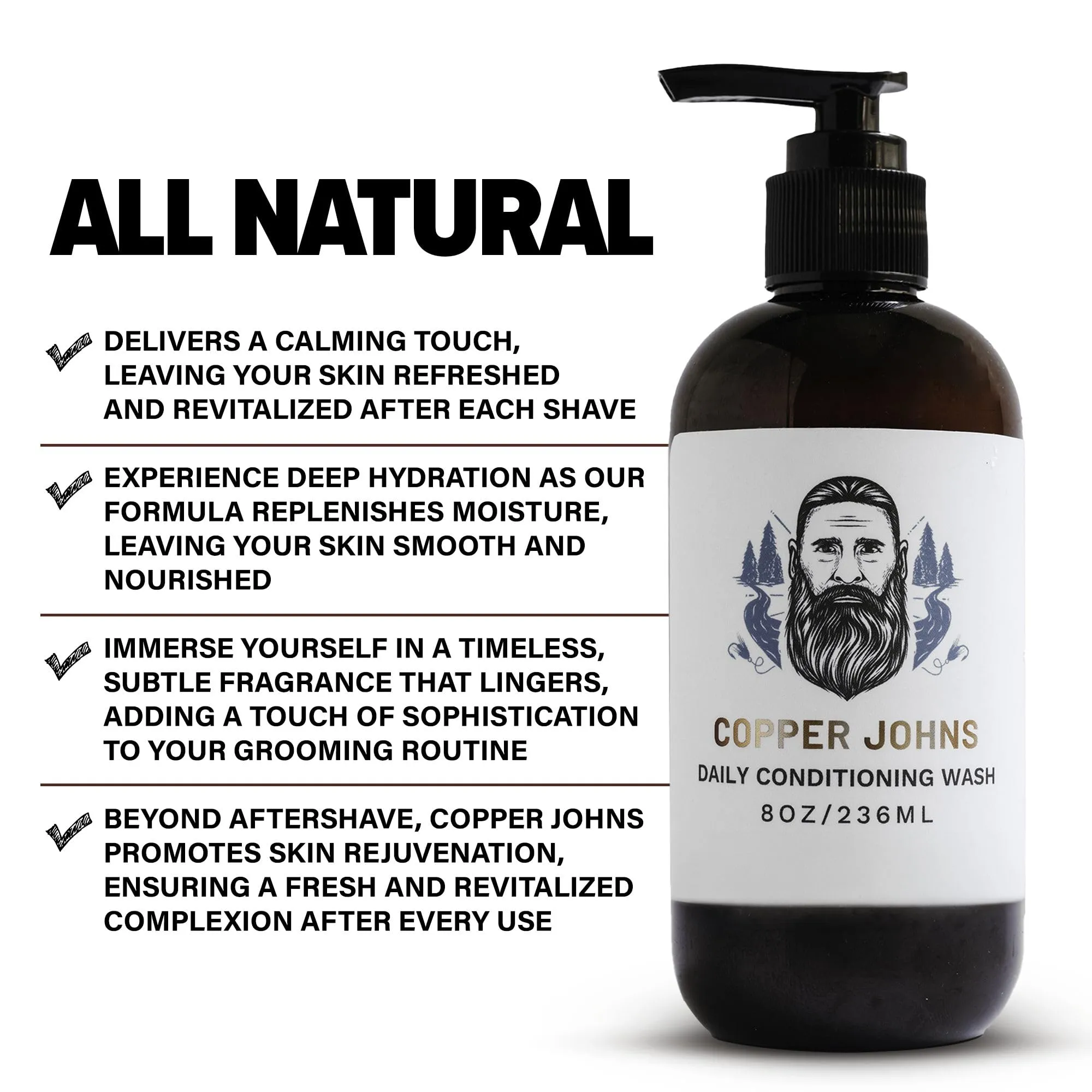 Copper Johns Daily Conditioning Wash | Natural Beard Cleanser | Nourishes Facial Hair & Skin | Ionic Inland Sea Minerals | Unscented-The Hunt | 8oz
