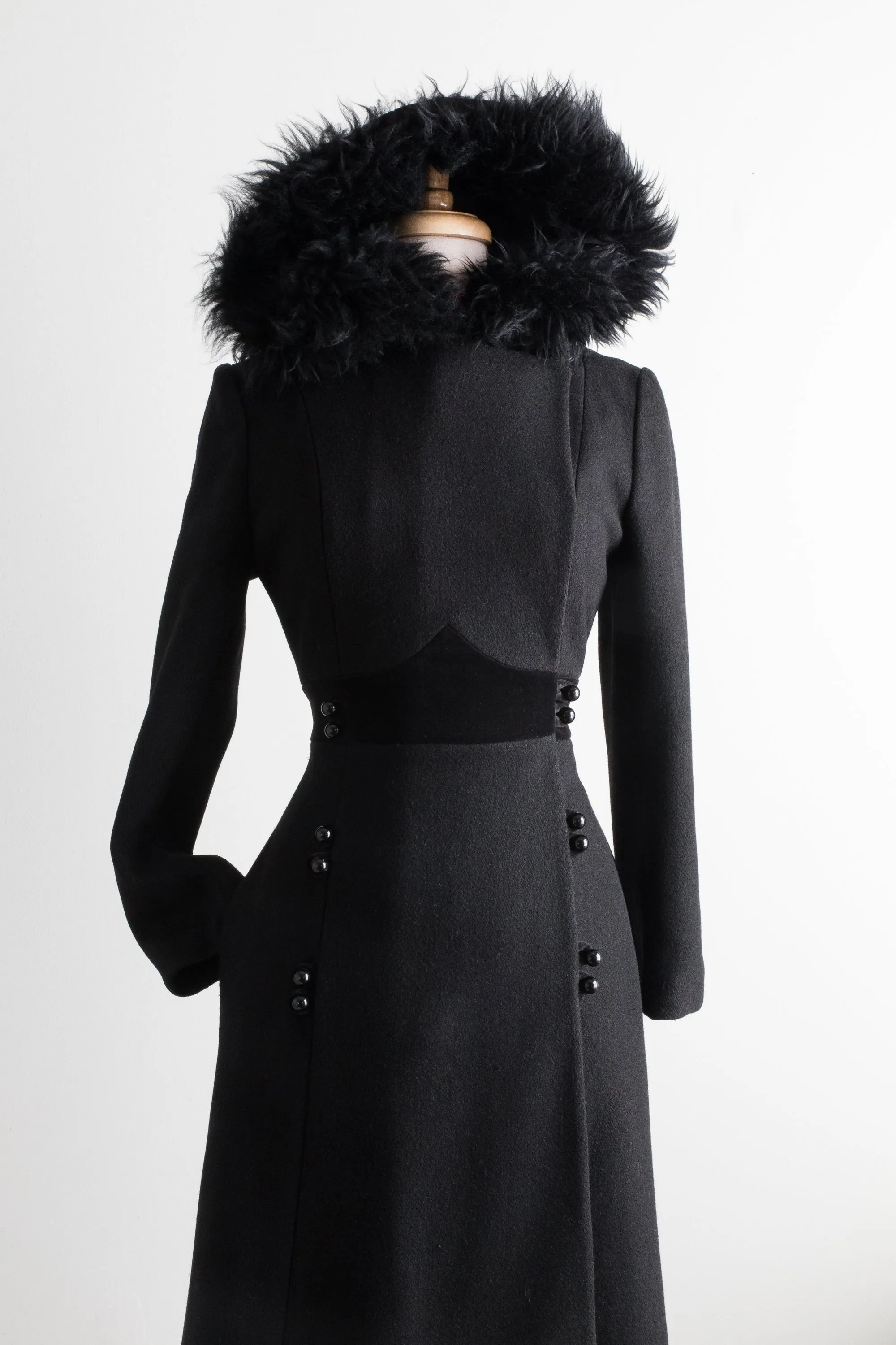 Dramatic 1970's Black Wool Maxi Coat With Hood / SM