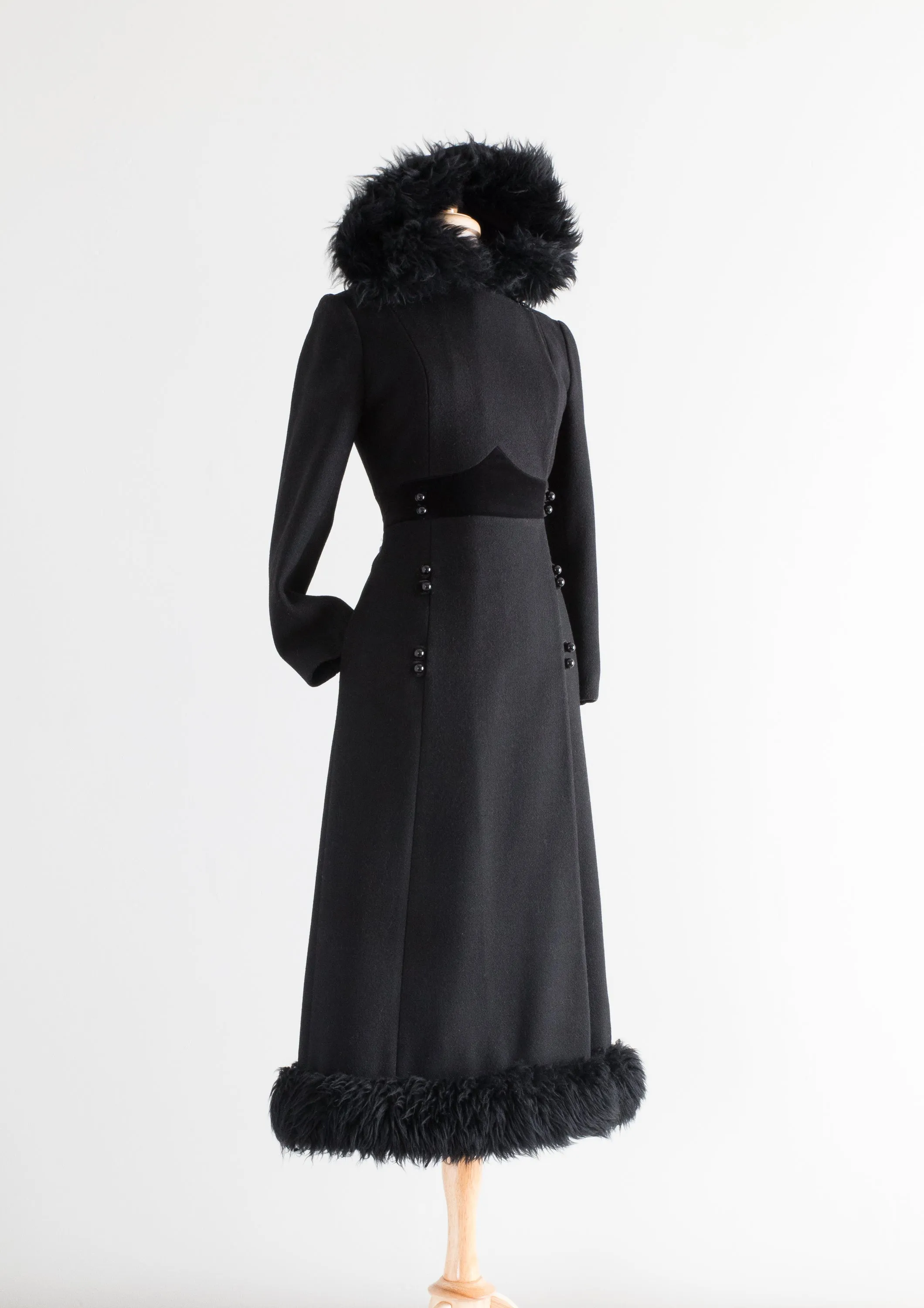 Dramatic 1970's Black Wool Maxi Coat With Hood / SM