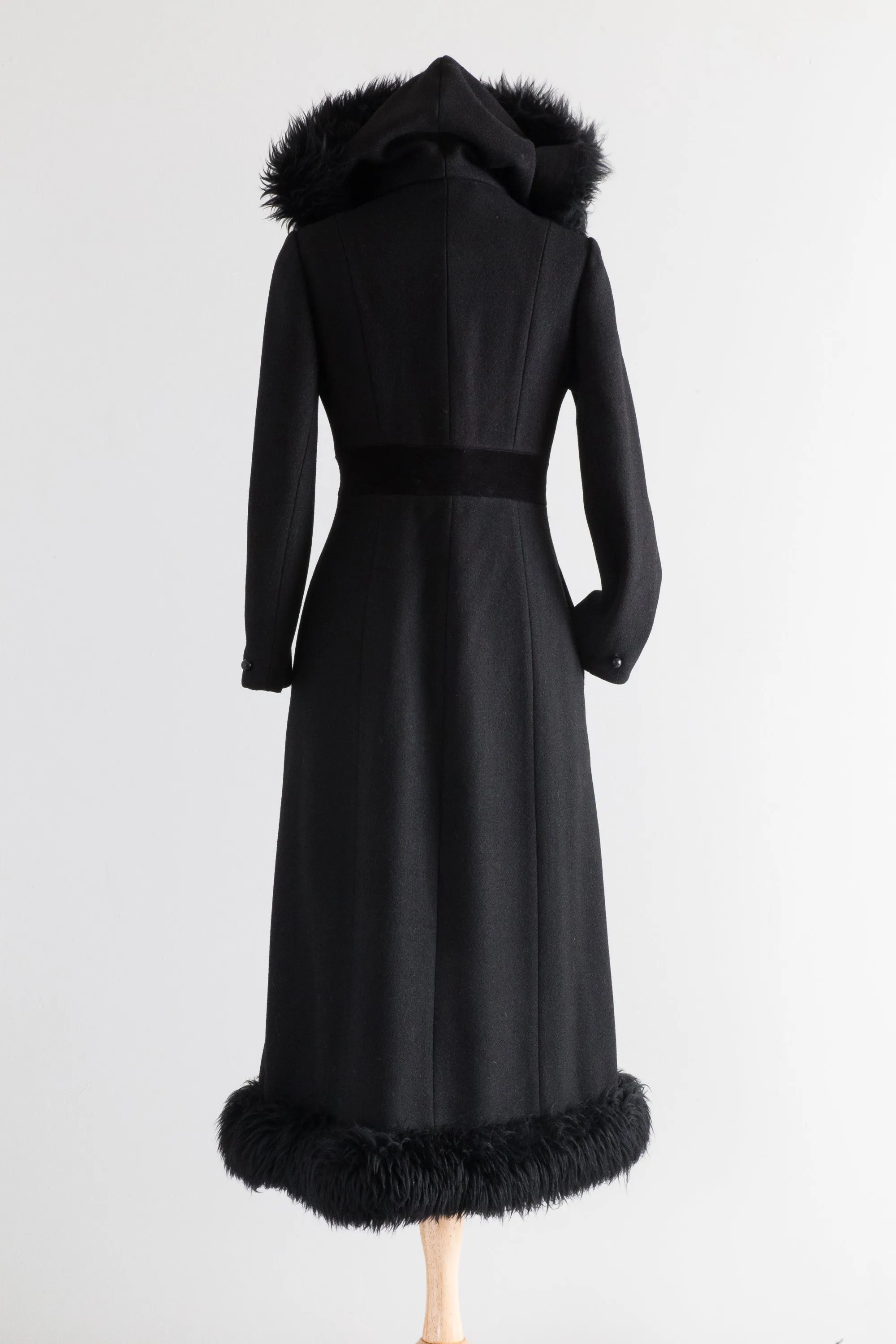 Dramatic 1970's Black Wool Maxi Coat With Hood / SM