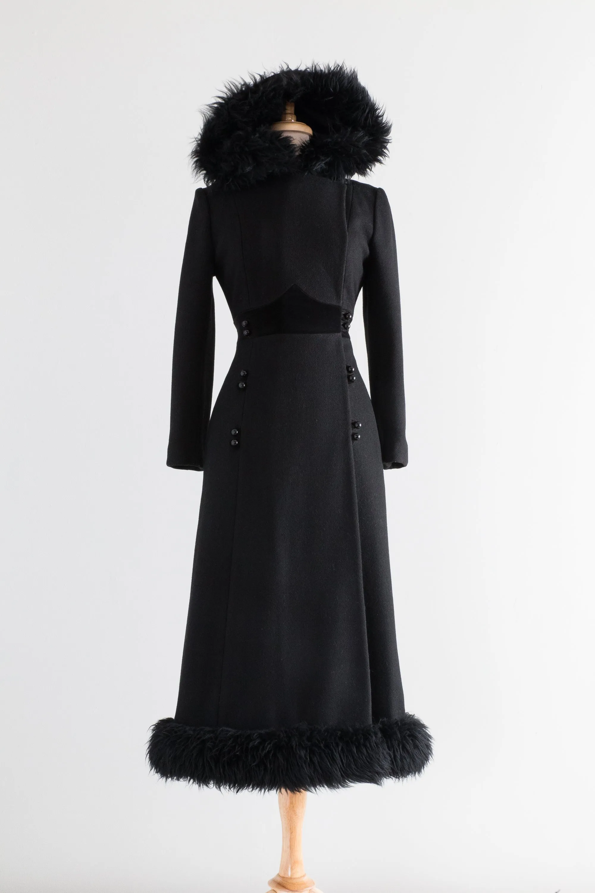 Dramatic 1970's Black Wool Maxi Coat With Hood / SM