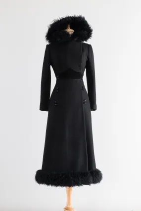 Dramatic 1970's Black Wool Maxi Coat With Hood / SM