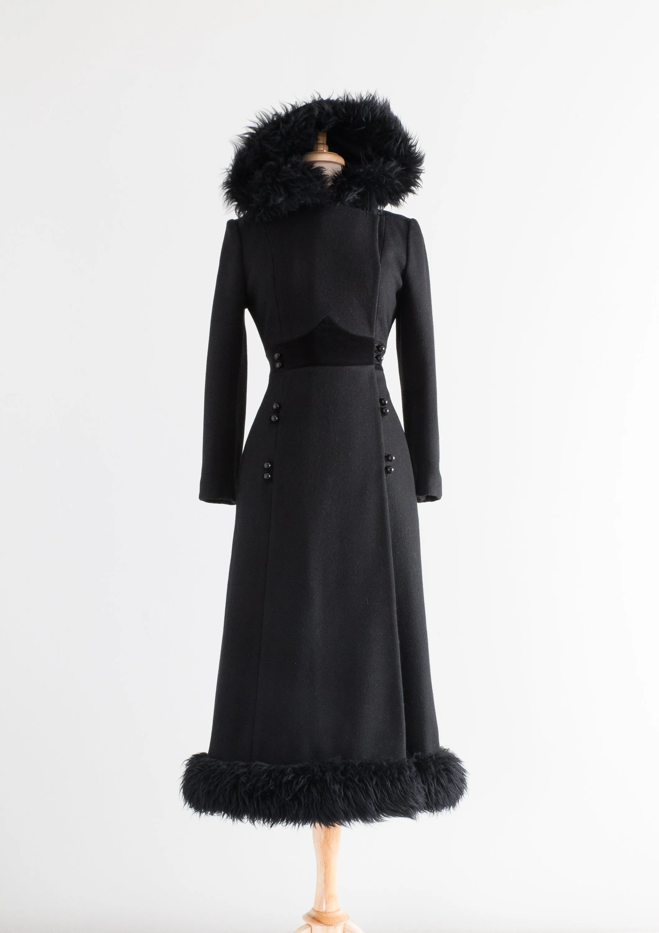 Dramatic 1970's Black Wool Maxi Coat With Hood / SM
