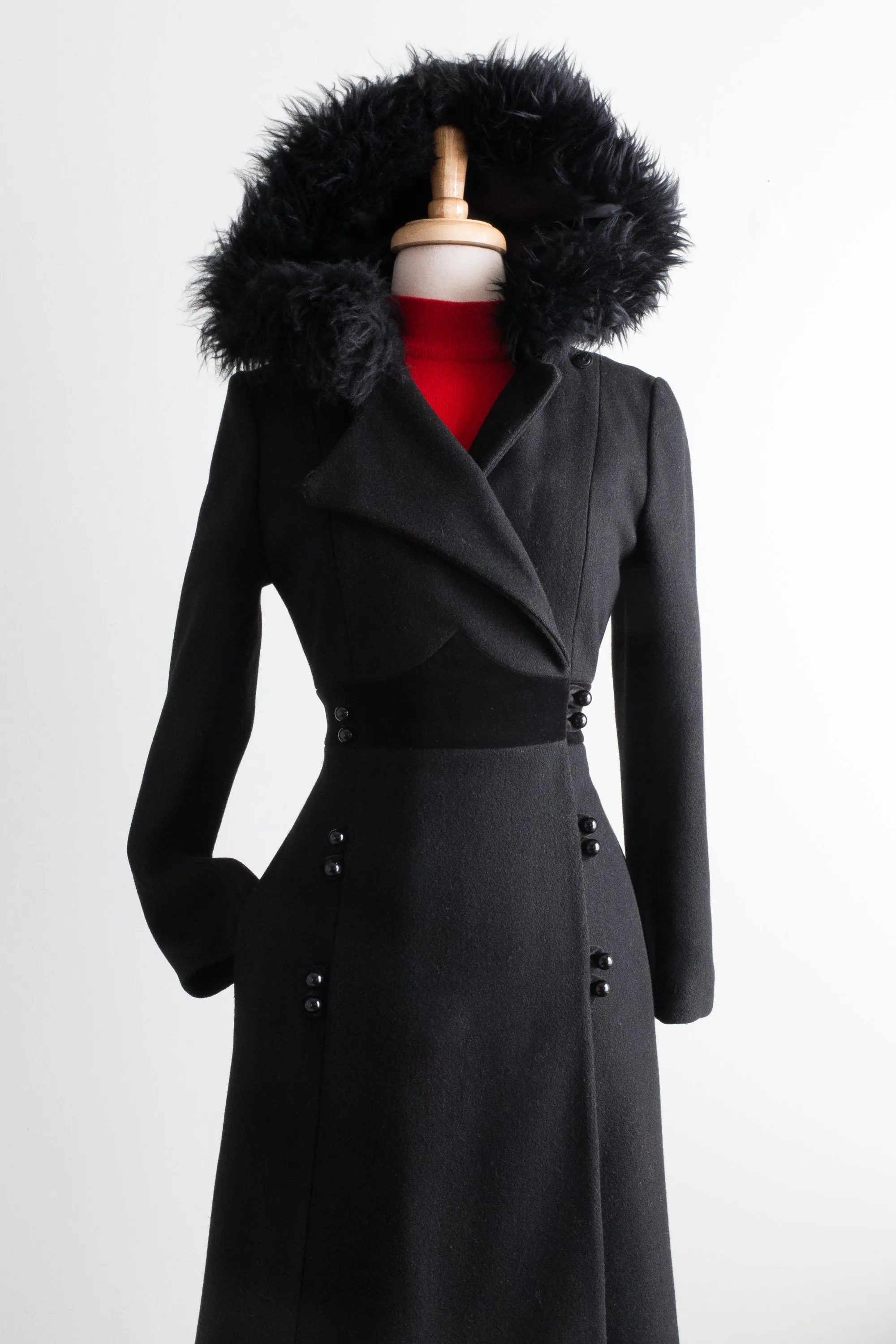 Dramatic 1970's Black Wool Maxi Coat With Hood / SM