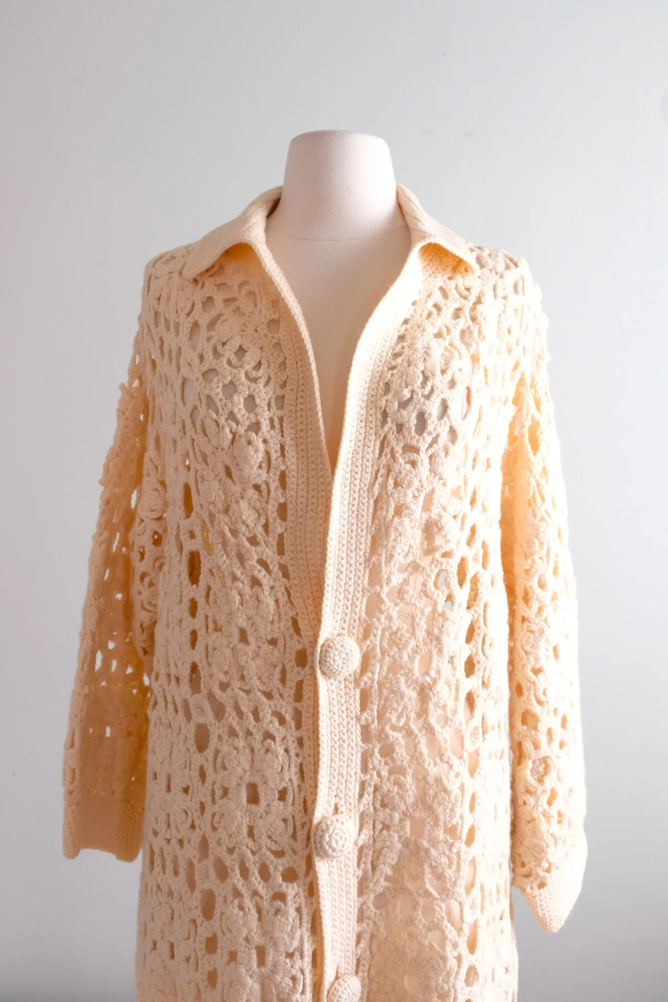 Fabulous 1970's Cream Crochet Long Knit Cardigan Sweater / Sz M