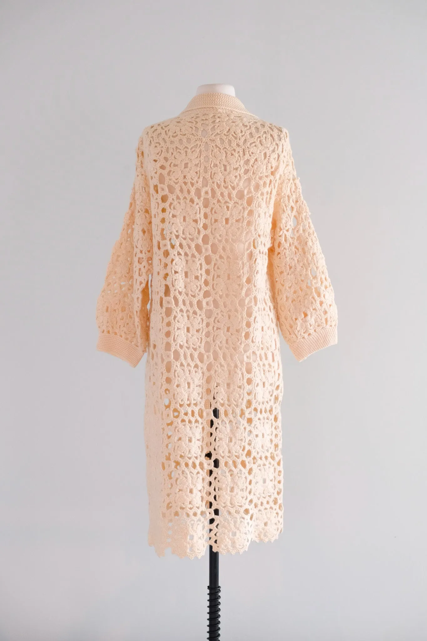 Fabulous 1970's Cream Crochet Long Knit Cardigan Sweater / Sz M