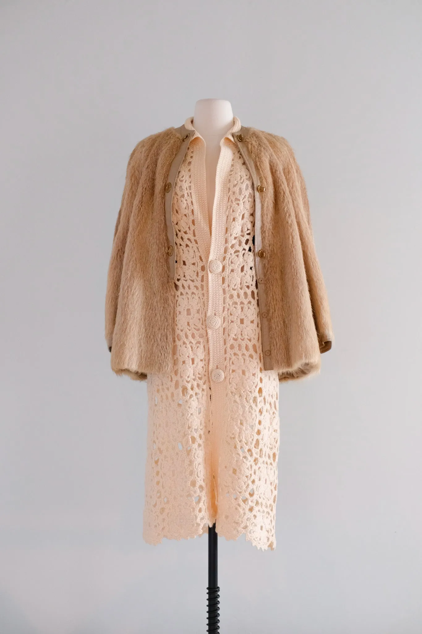 Fabulous 1970's Cream Crochet Long Knit Cardigan Sweater / Sz M