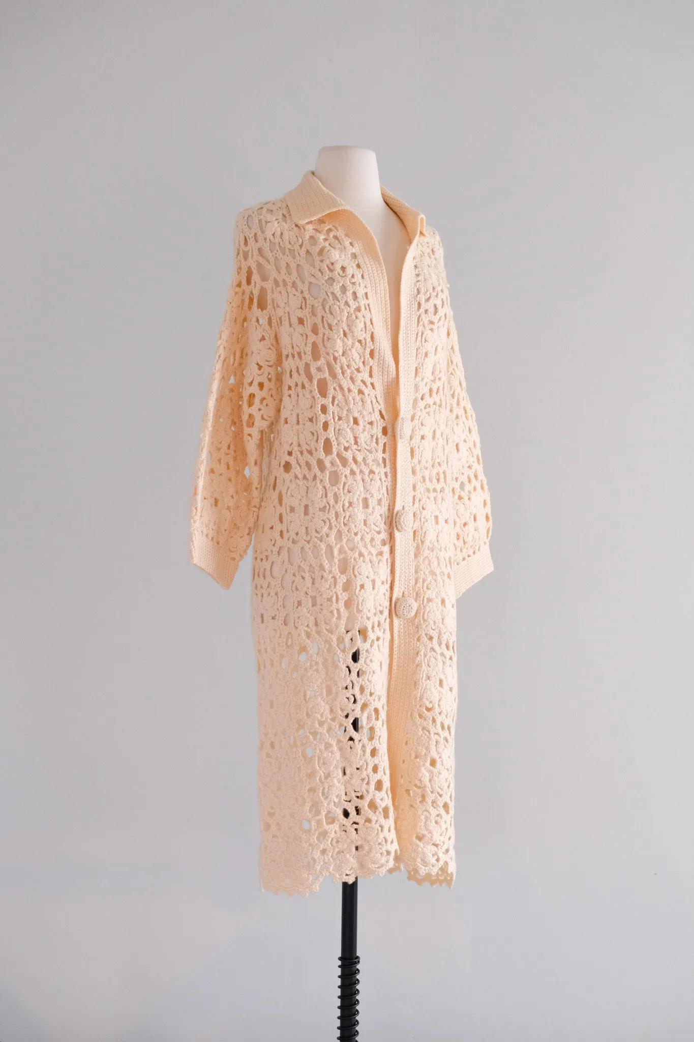 Fabulous 1970's Cream Crochet Long Knit Cardigan Sweater / Sz M