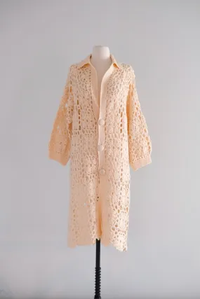 Fabulous 1970's Cream Crochet Long Knit Cardigan Sweater / Sz M