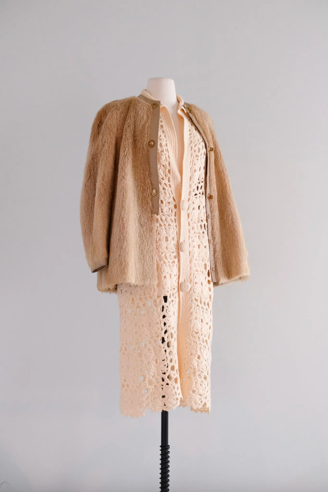 Fabulous 1970's Cream Crochet Long Knit Cardigan Sweater / Sz M