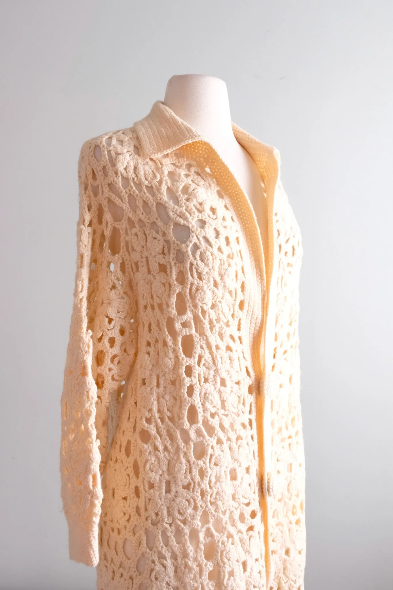 Fabulous 1970's Cream Crochet Long Knit Cardigan Sweater / Sz M