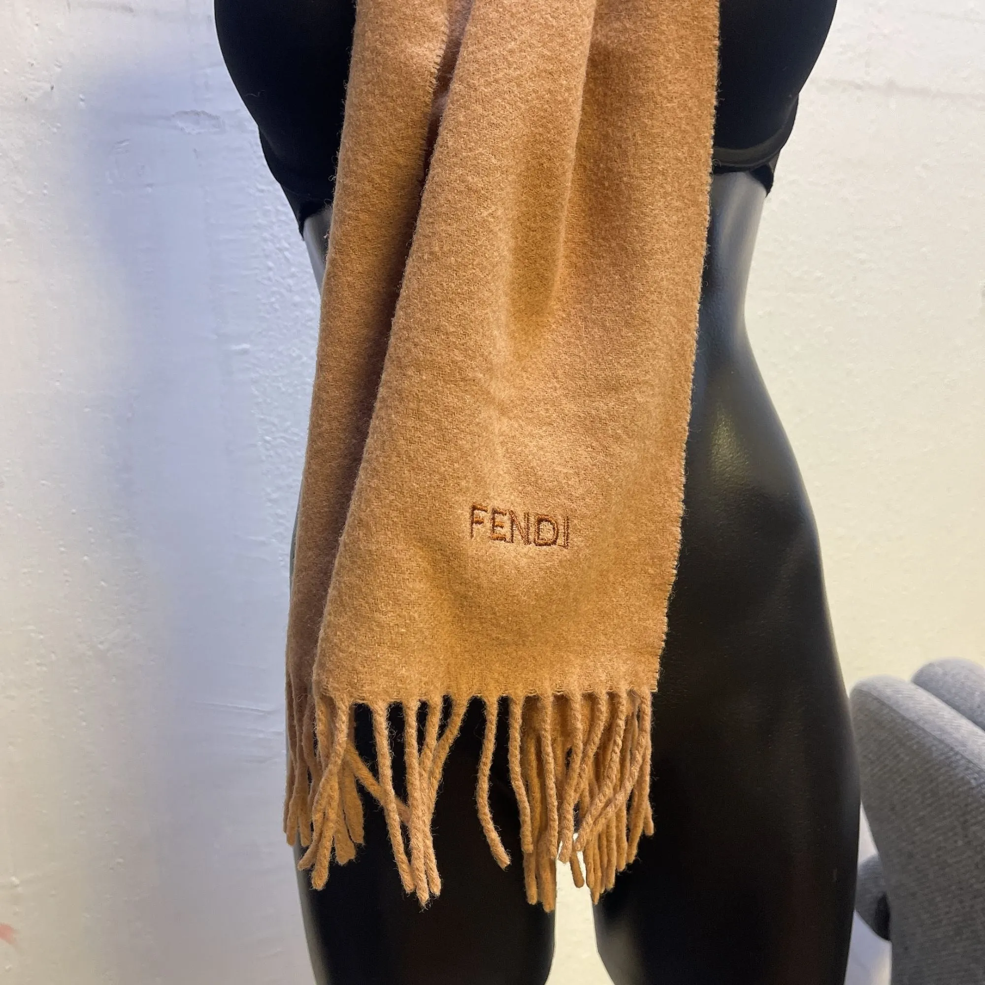 Fendi Camel Wool Fringed Scarf Fendi Logo Embroidered
