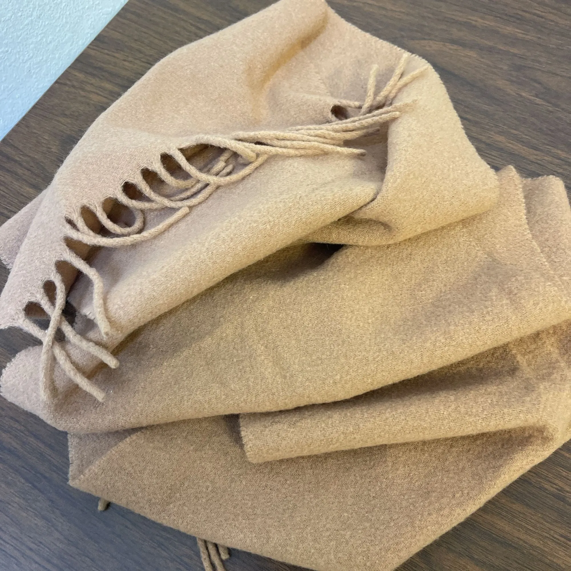 Fendi Camel Wool Fringed Scarf Fendi Logo Embroidered