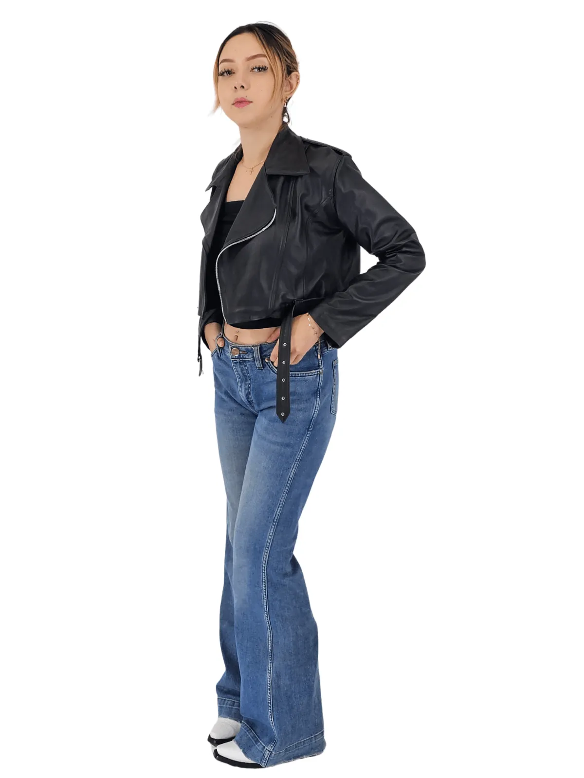Handcrafted Women's Sheepskin Leather Biker Jacket – Cropped Black w/Belt