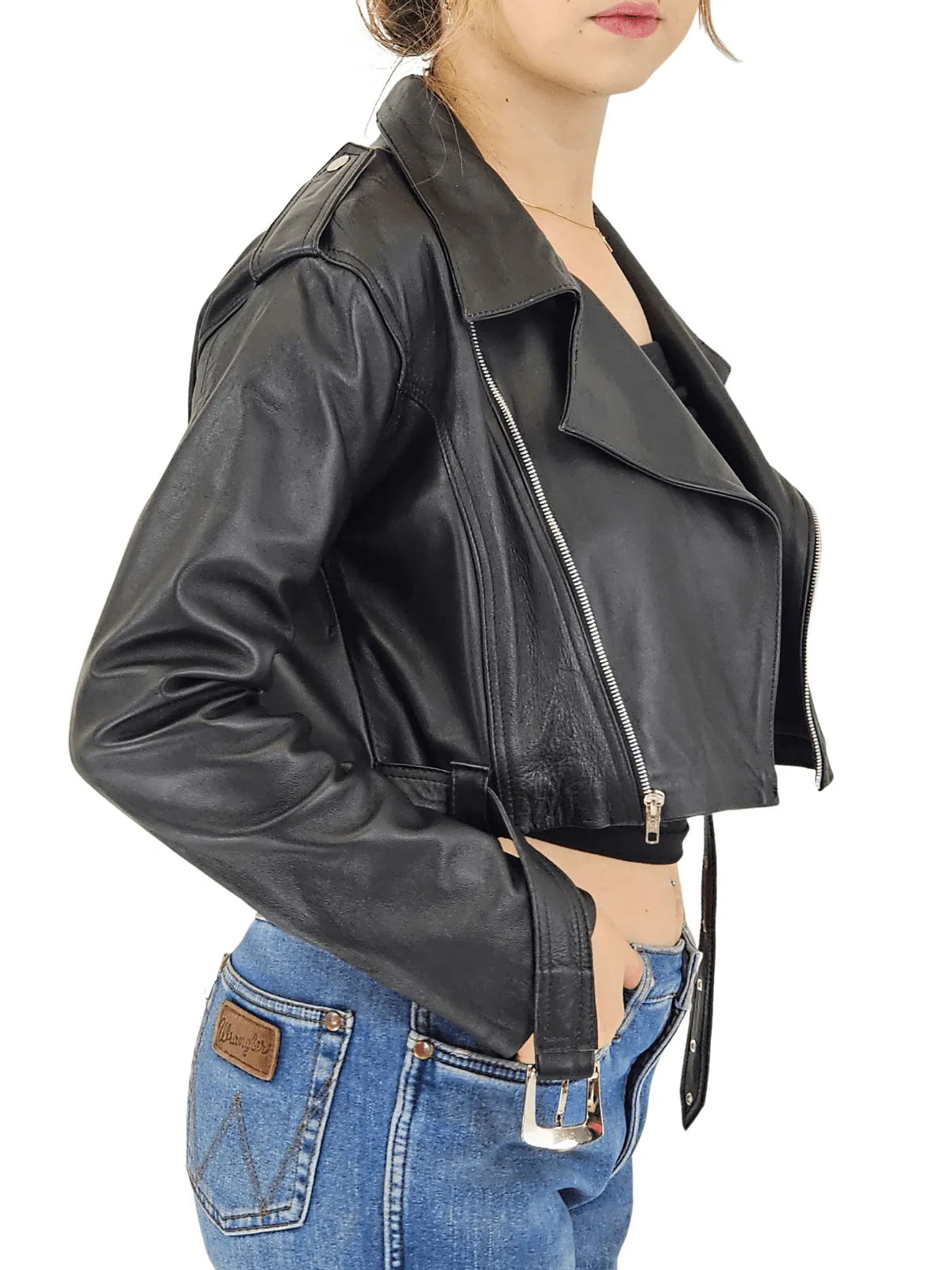 Handcrafted Women's Sheepskin Leather Biker Jacket – Cropped Black w/Belt