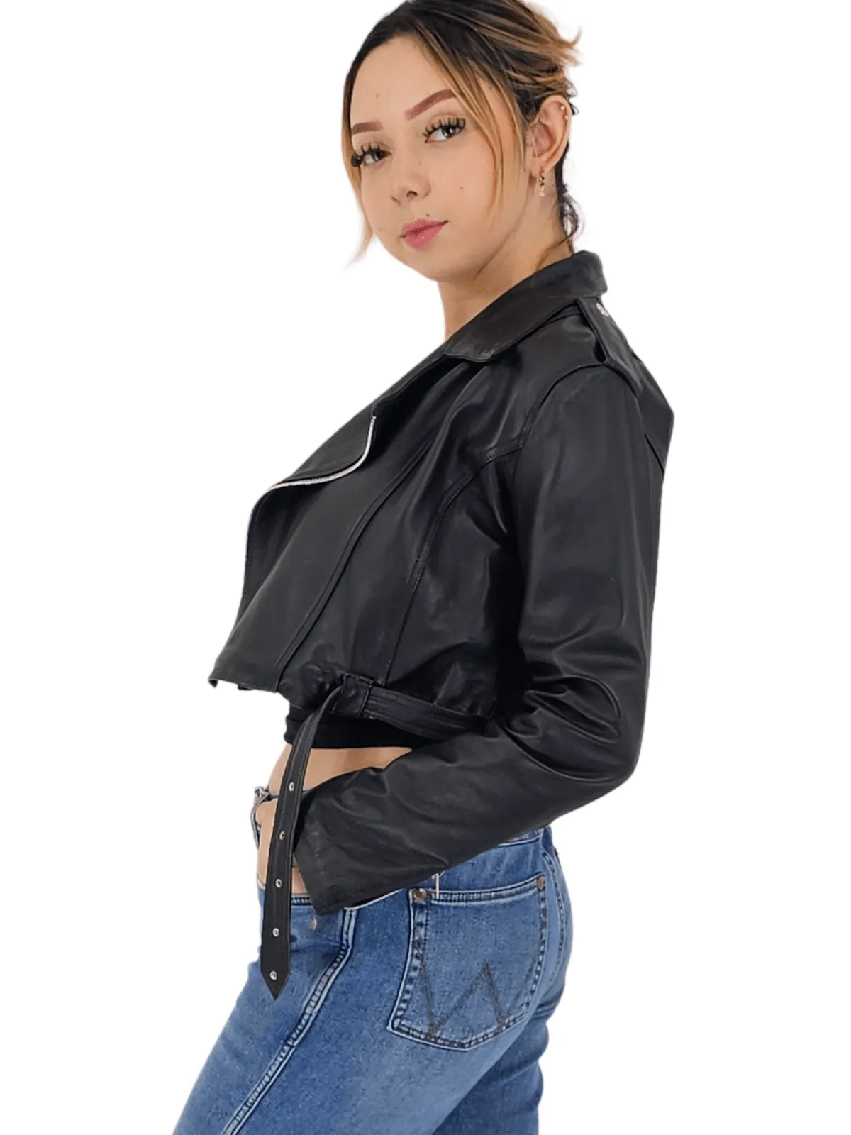 Handcrafted Women's Sheepskin Leather Biker Jacket – Cropped Black w/Belt