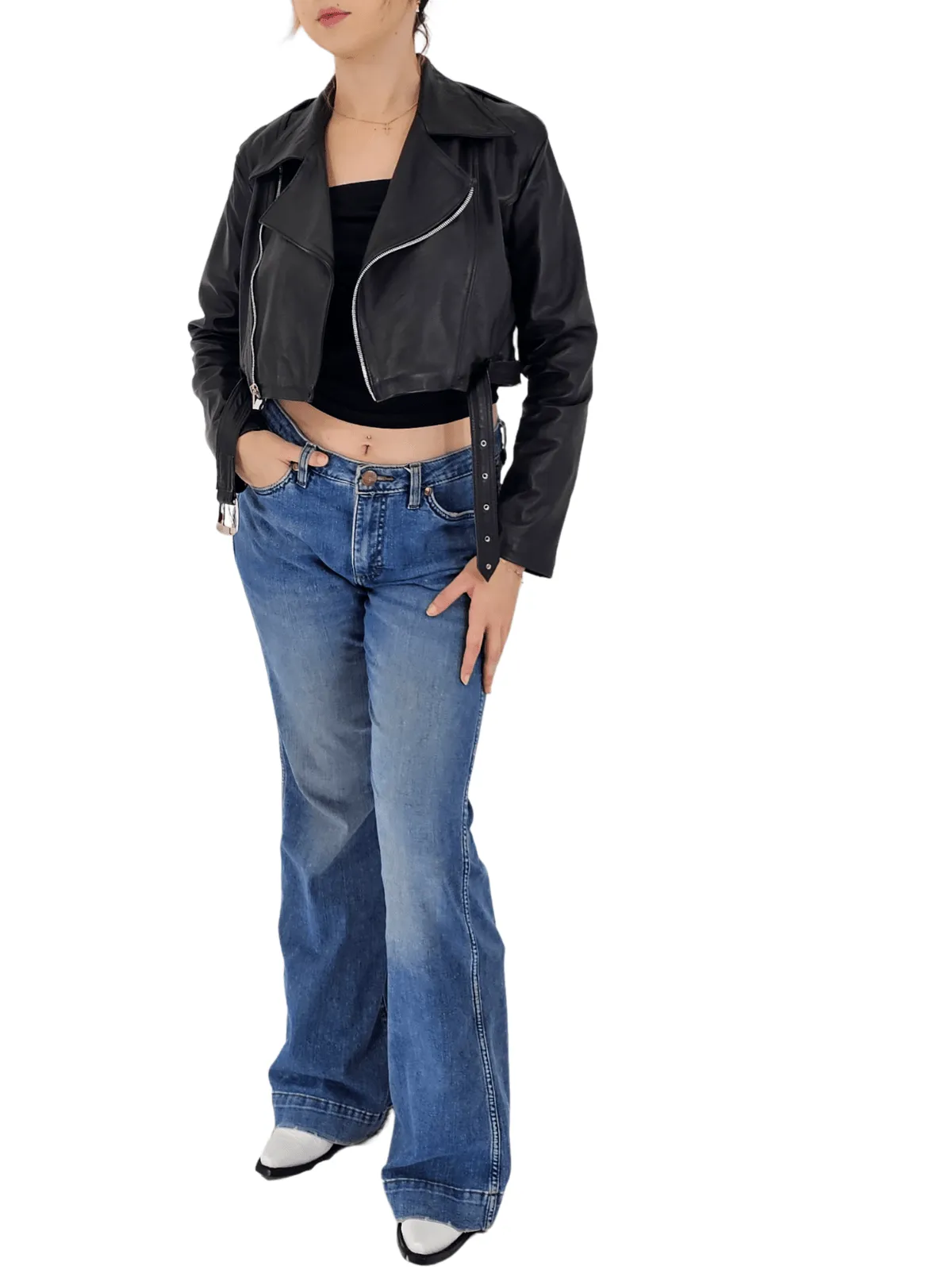 Handcrafted Women's Sheepskin Leather Biker Jacket – Cropped Black w/Belt