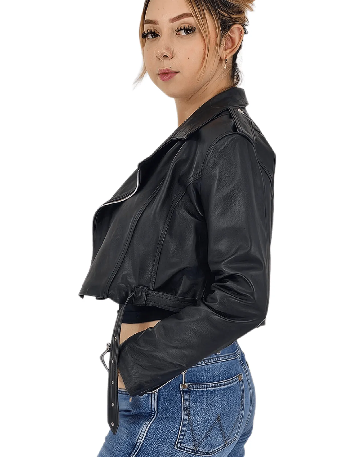 Handcrafted Women's Sheepskin Leather Biker Jacket – Cropped Black w/Belt