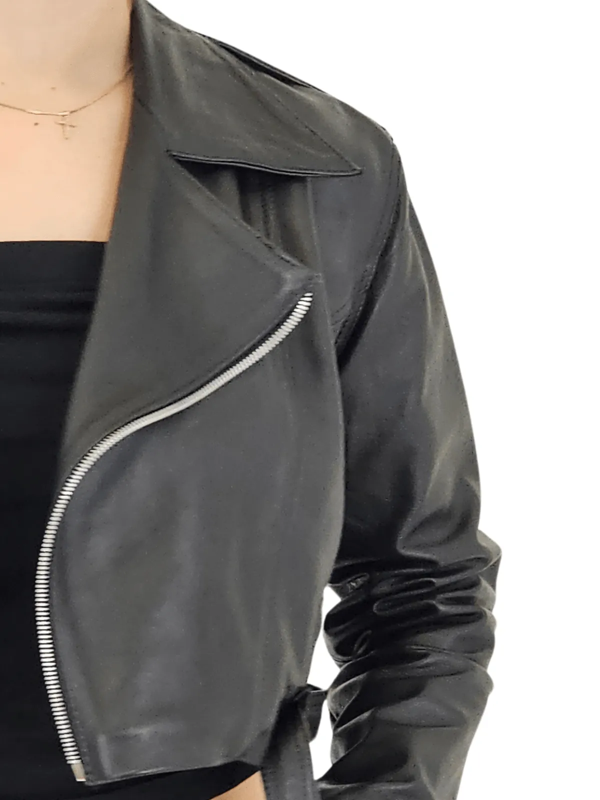 Handcrafted Women's Sheepskin Leather Biker Jacket – Cropped Black w/Belt