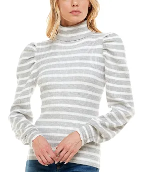 Juniors' Striped Puff-Sleeve Ribbed Sweater