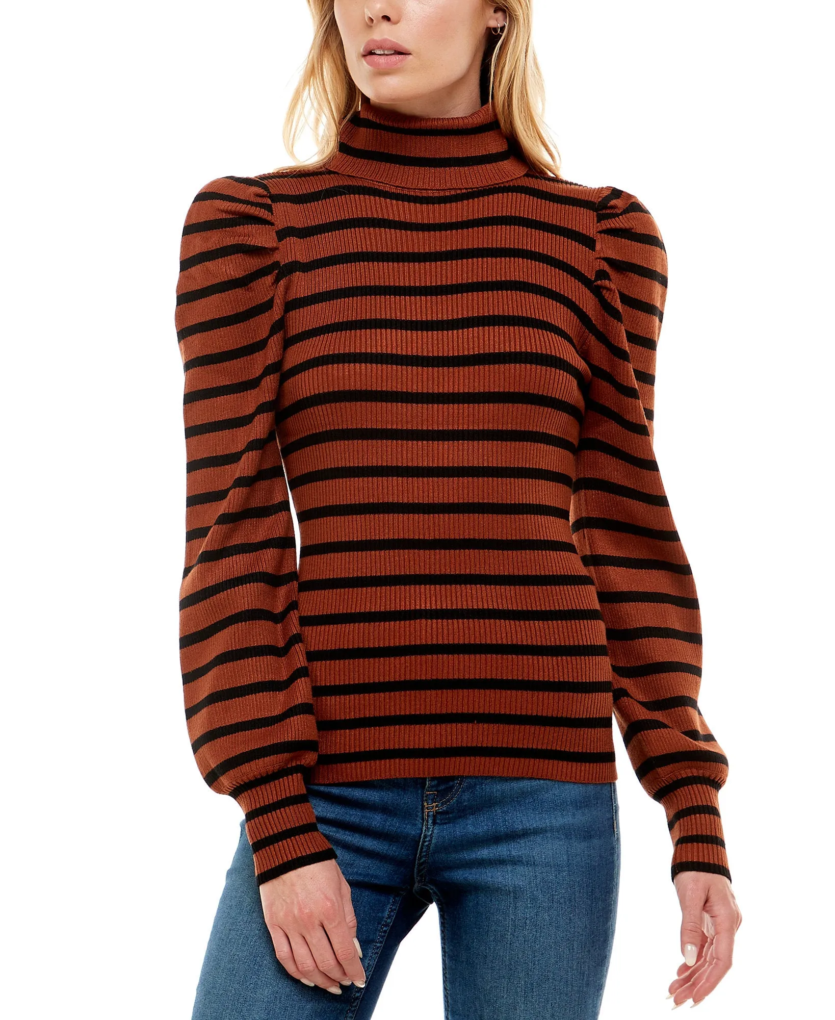 Juniors' Striped Puff-Sleeve Ribbed Sweater