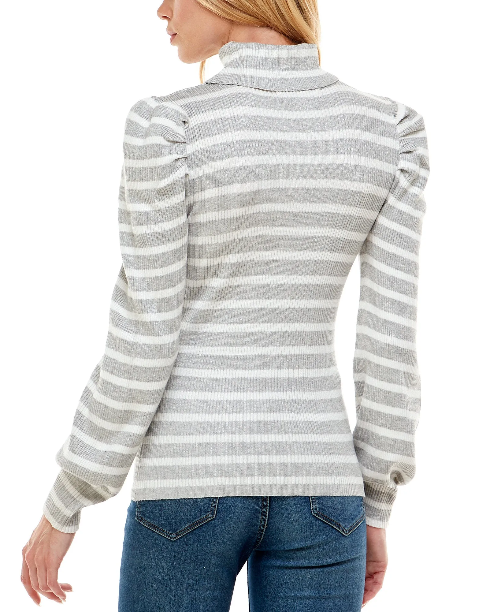Juniors' Striped Puff-Sleeve Ribbed Sweater
