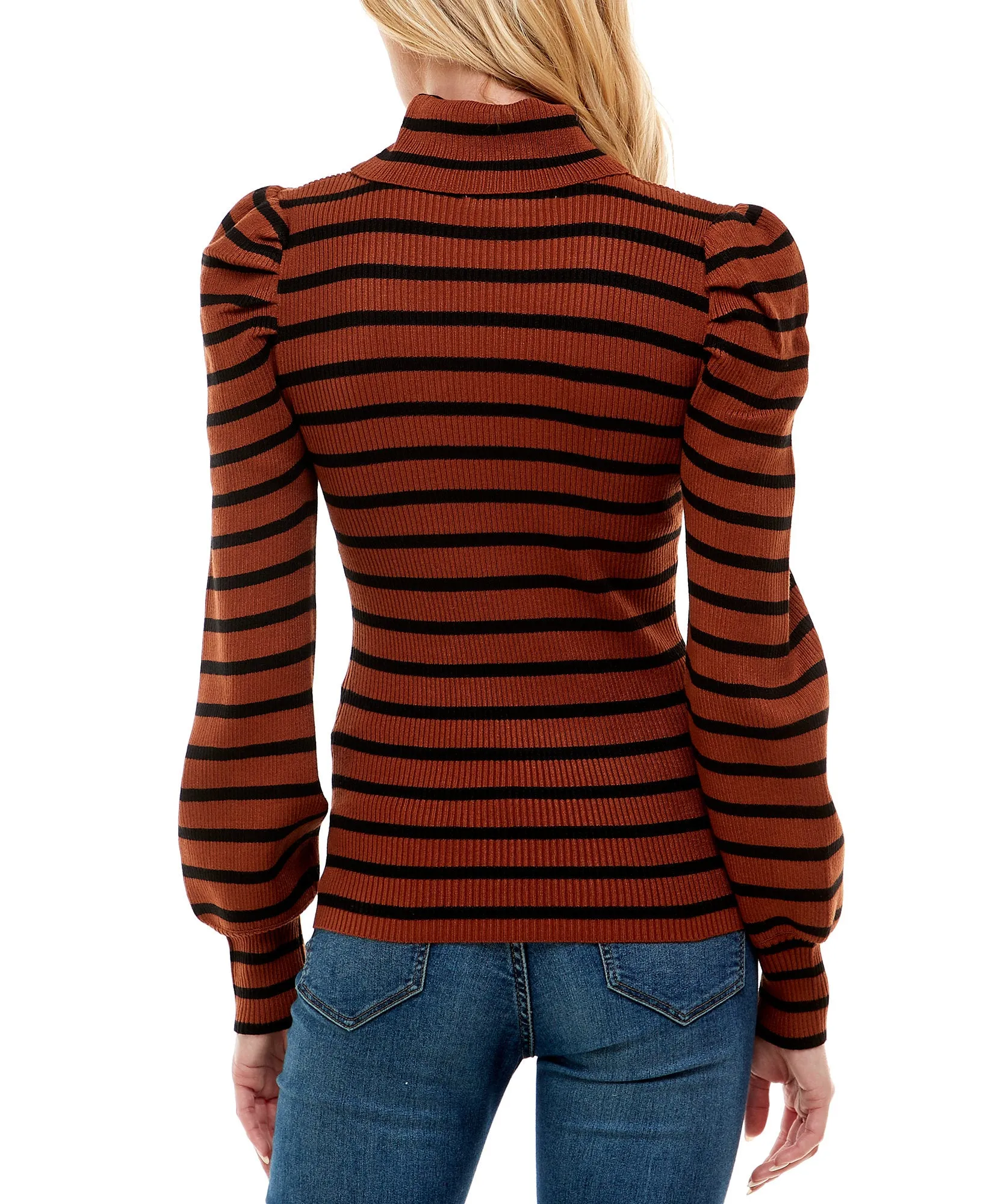 Juniors' Striped Puff-Sleeve Ribbed Sweater