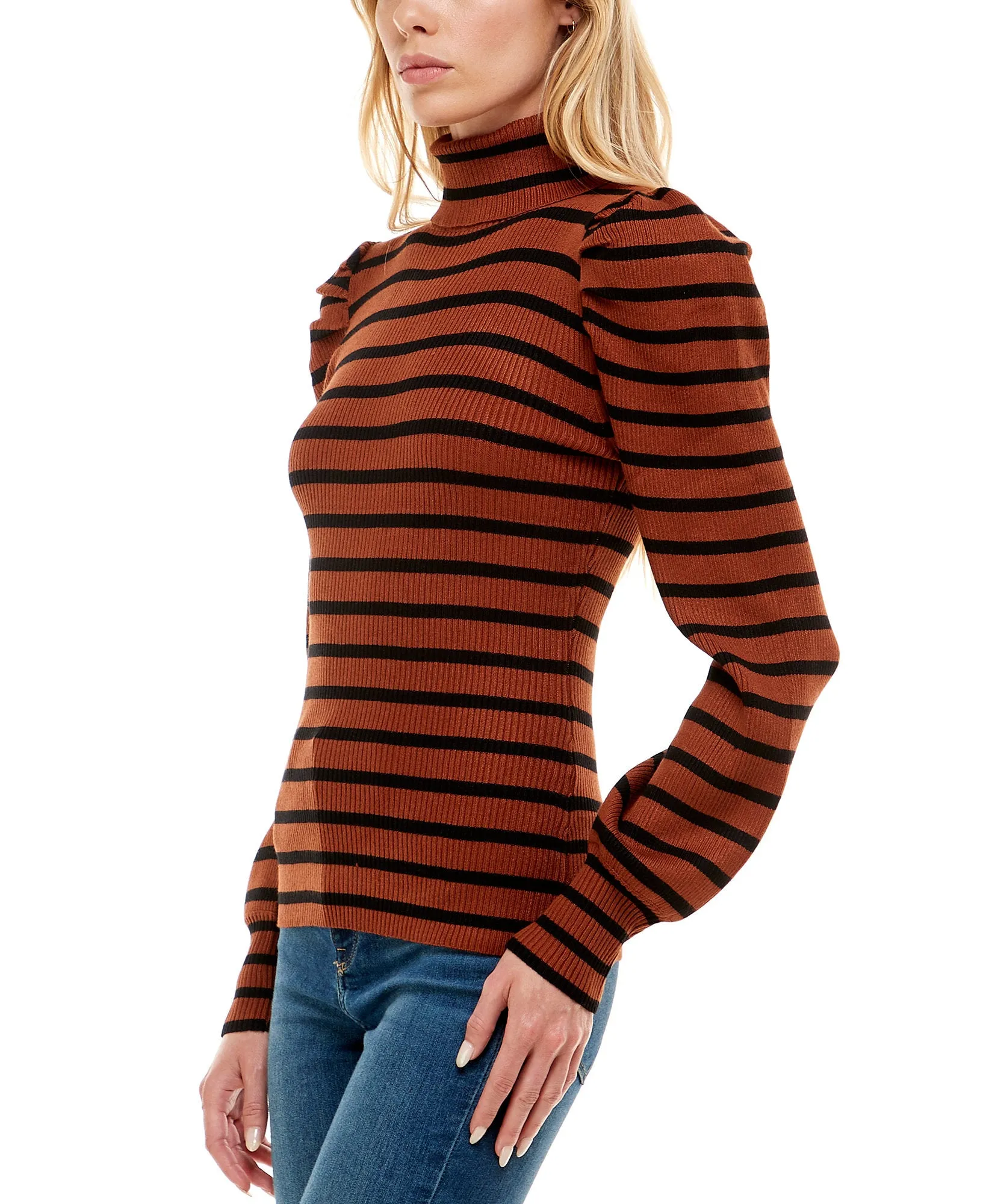 Juniors' Striped Puff-Sleeve Ribbed Sweater