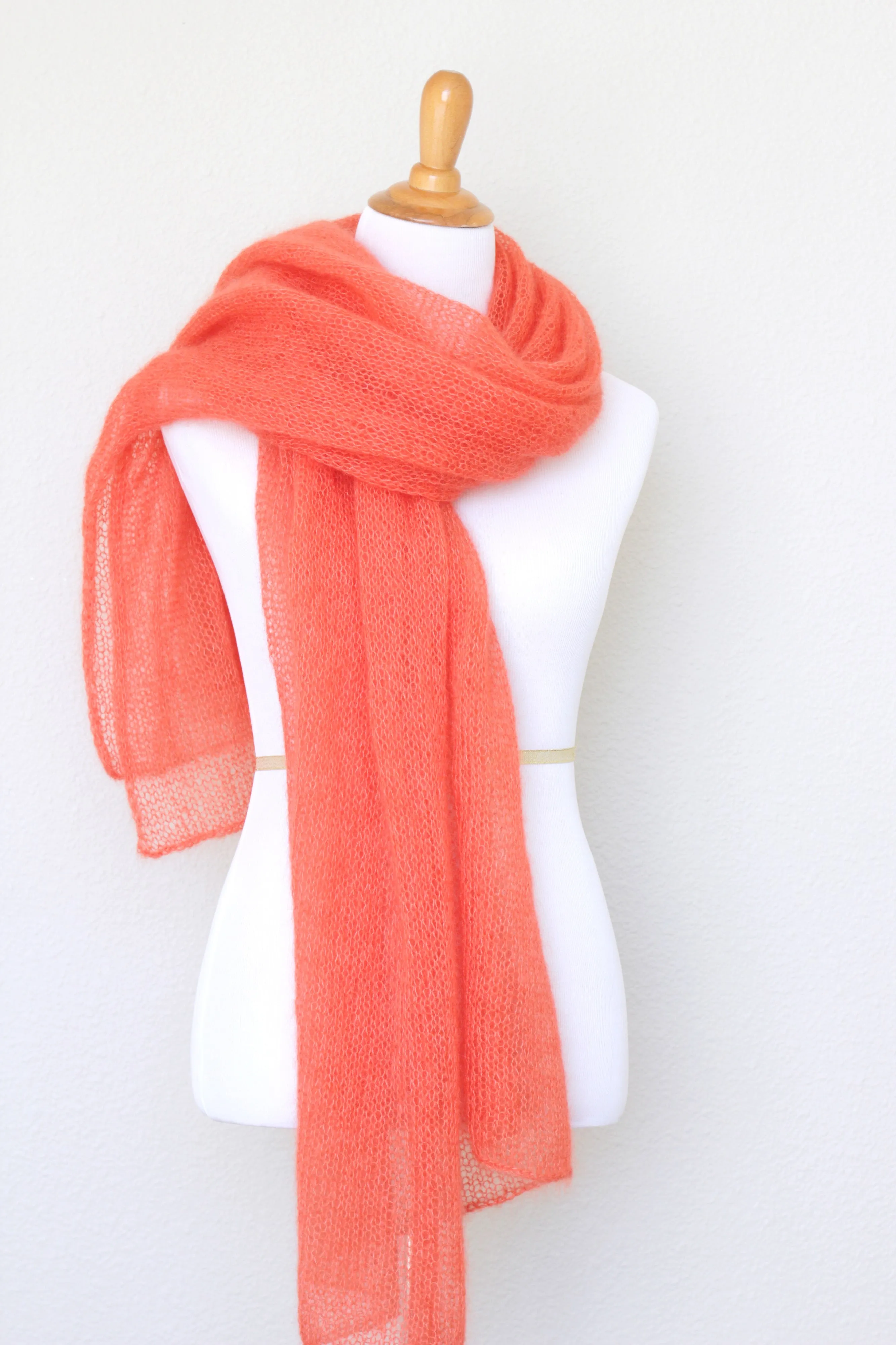 Knit scarf in silk mohair blend in burnt orange red color