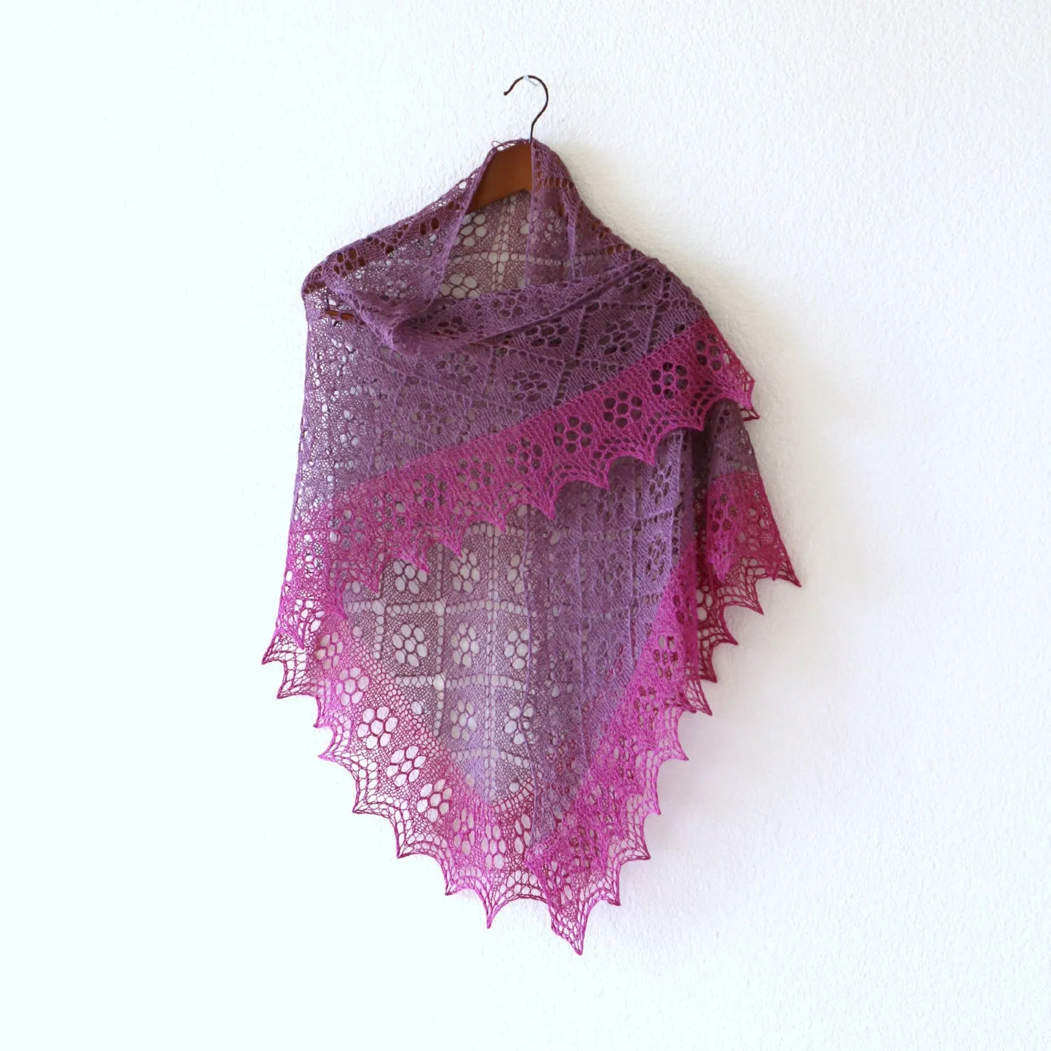 Knit shawl in purple fuchsia colors, knit wrap, gift for her