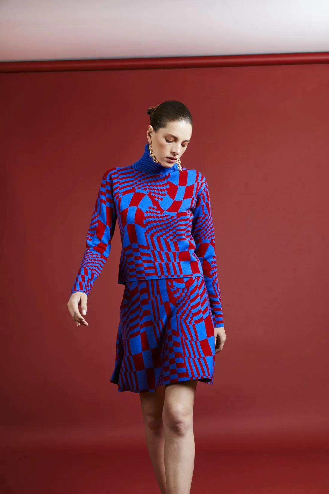 Melissa 0 Wool Geometric Pattern Turtleneck Blue-Red Sweater