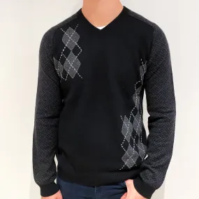 Men's Black Diamond and Check Cashmere V-Neck Jumper Extra Large