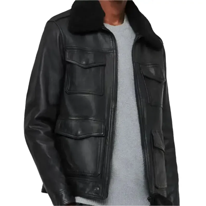 Men's Black Genuine Leather Bomber Jacket - Air Force Pilot Style