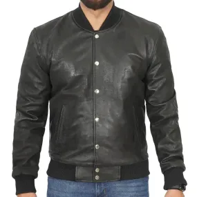 Men's Black Leather Letterman Bomber Jacket