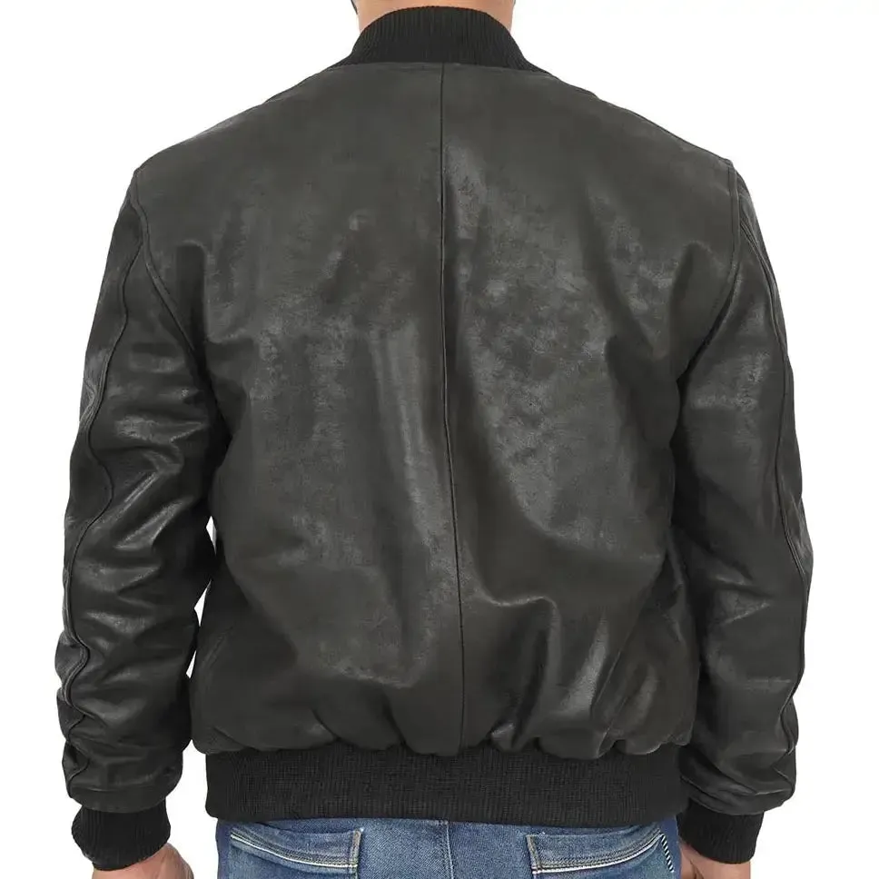 Men's Black Leather Letterman Bomber Jacket