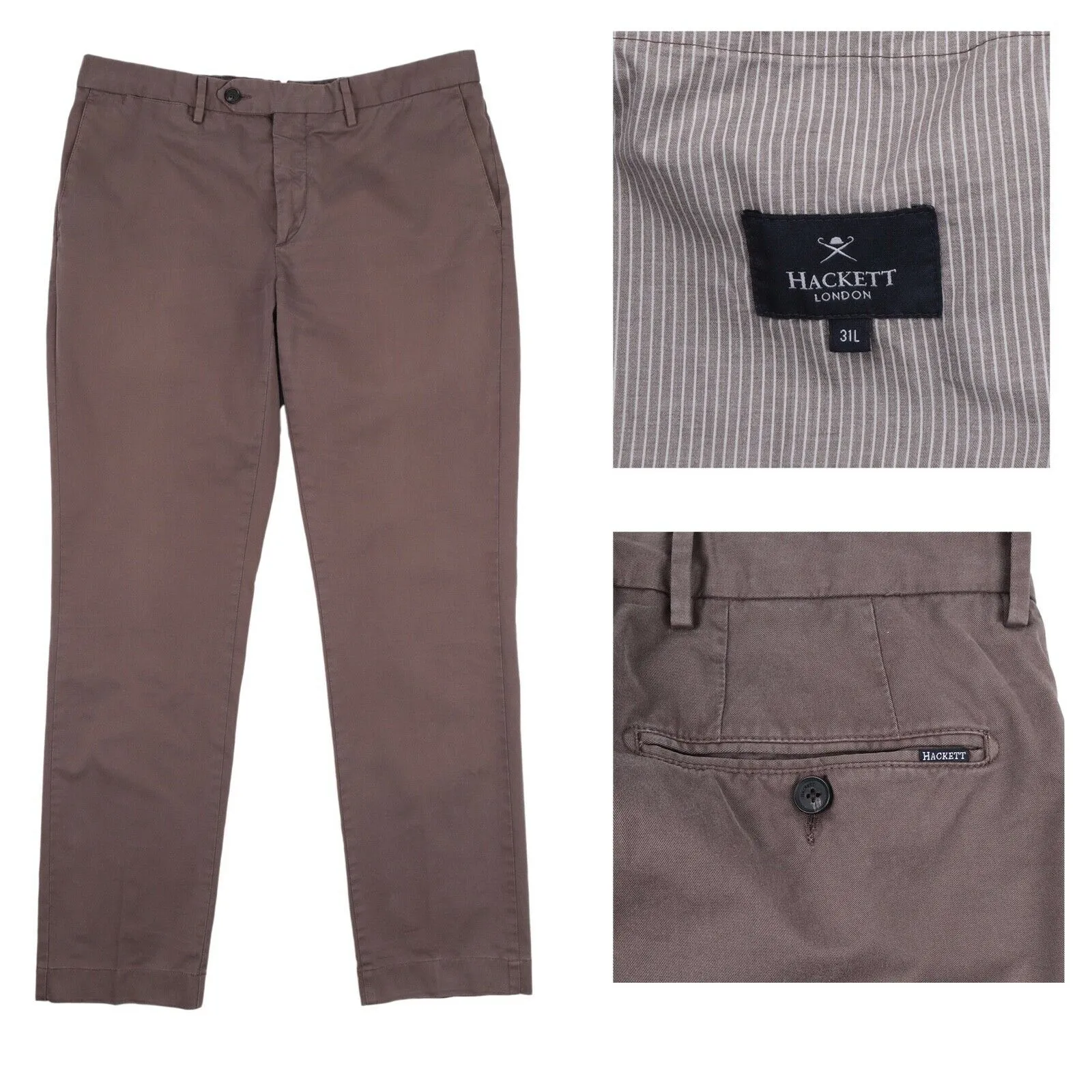Men's HACKETT LONDON Kensington Brown Cotton Chino Pants Trousers Size 31L