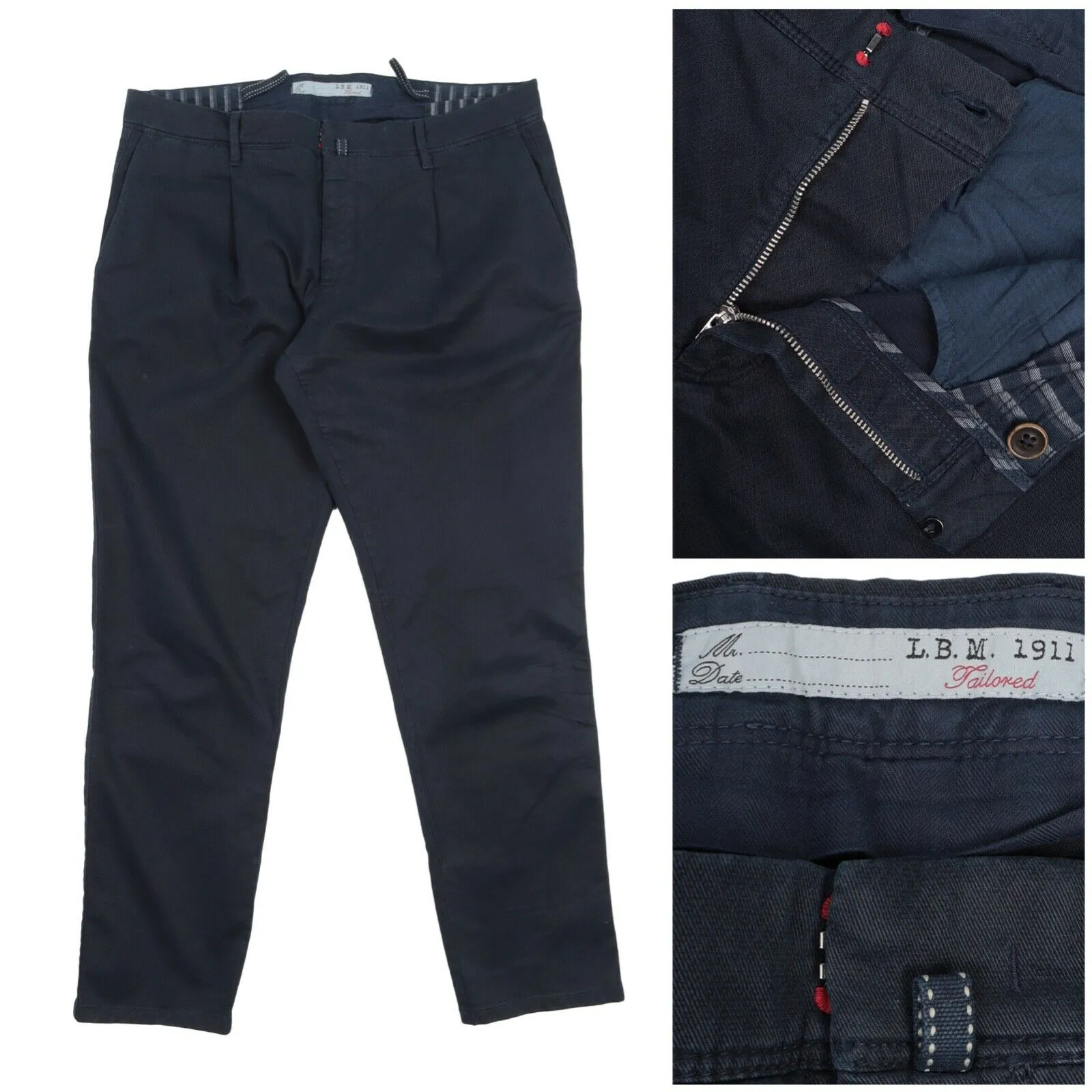 Men's L.B.M. 1911 Navy Blue Cotton Pleated Chino Pants Trousers Size 52 R