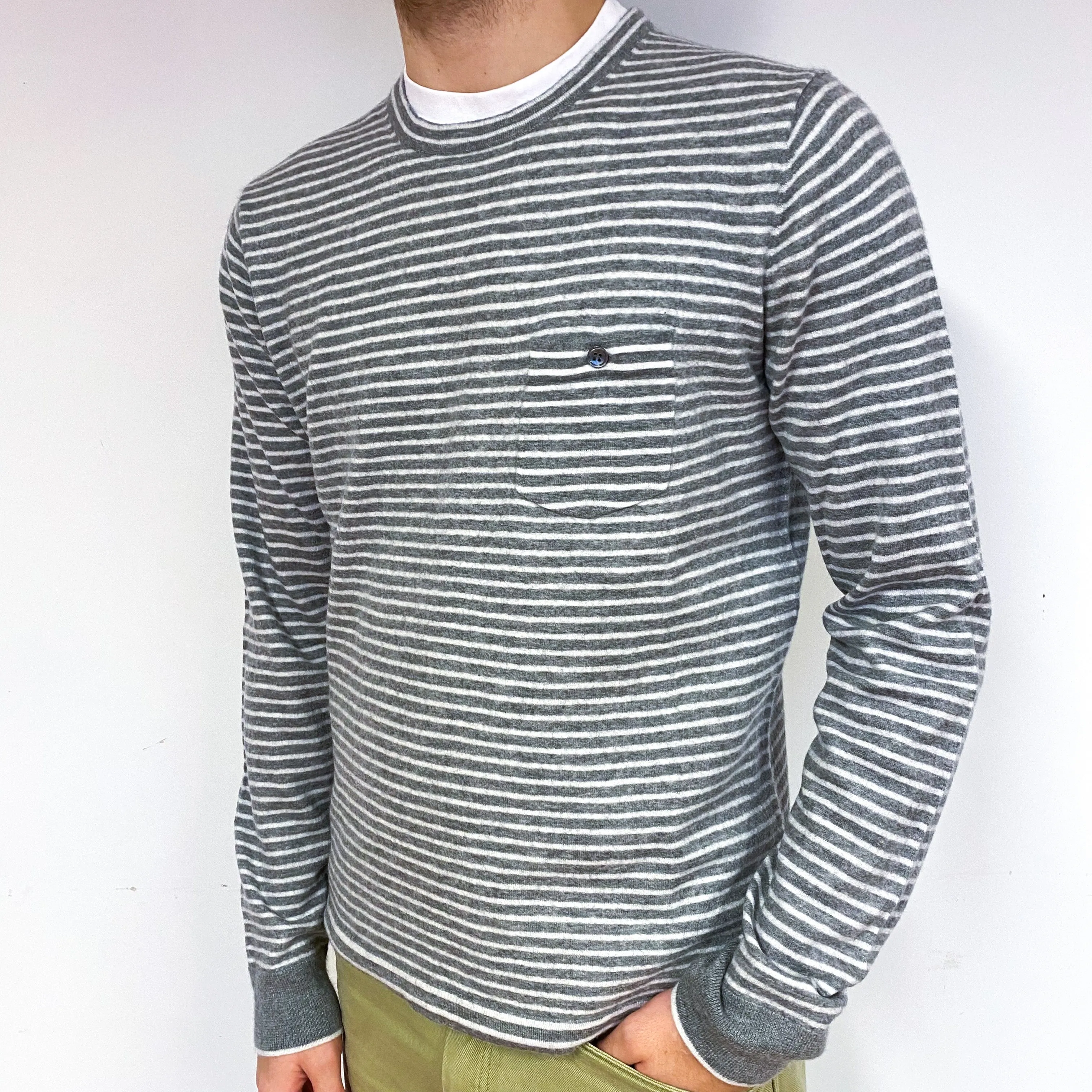 Men's Lightweight Grey Stripe Cashmere Crew Neck Jumper Large