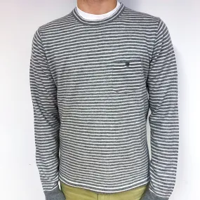 Men's Lightweight Grey Stripe Cashmere Crew Neck Jumper Large