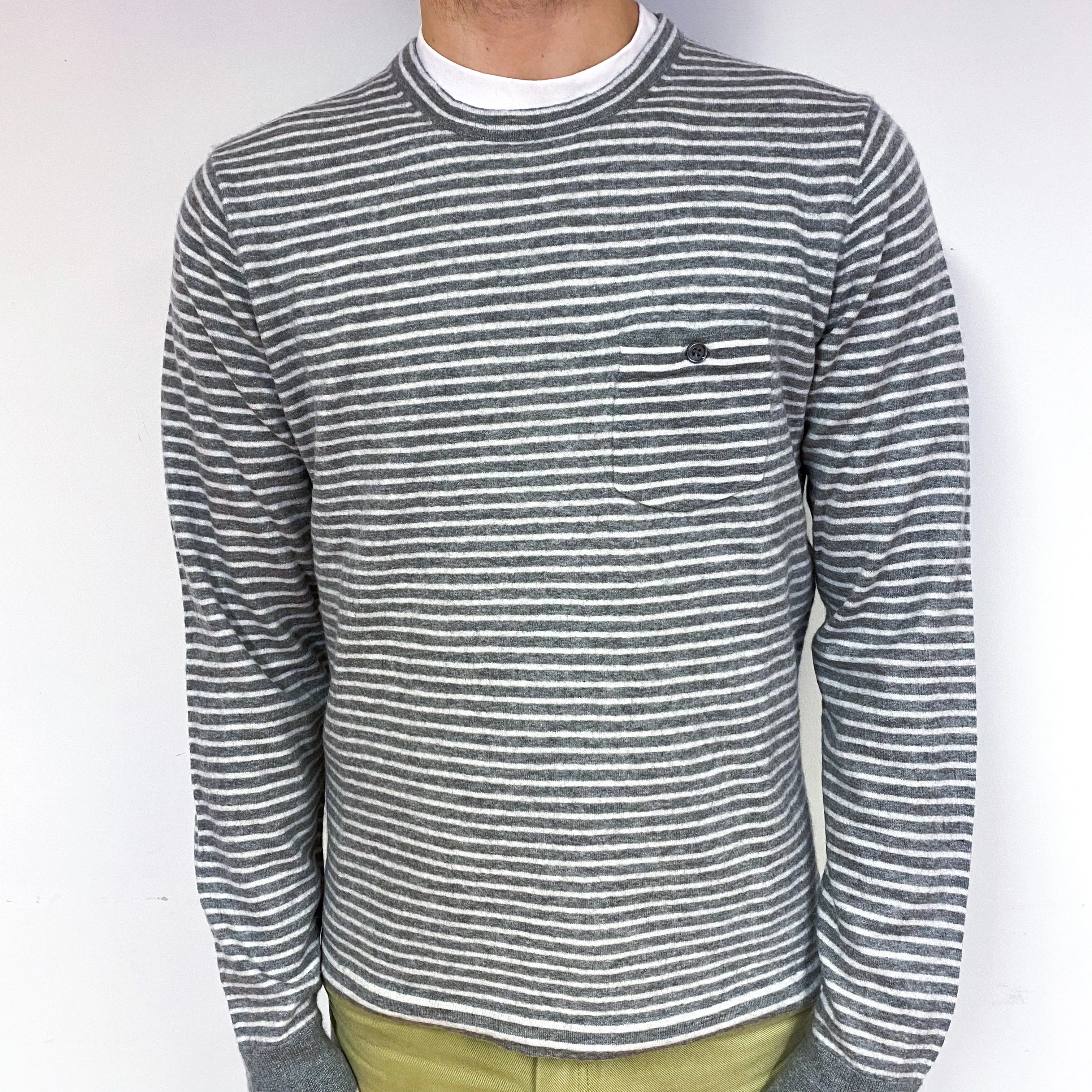 Men's Lightweight Grey Stripe Cashmere Crew Neck Jumper Large