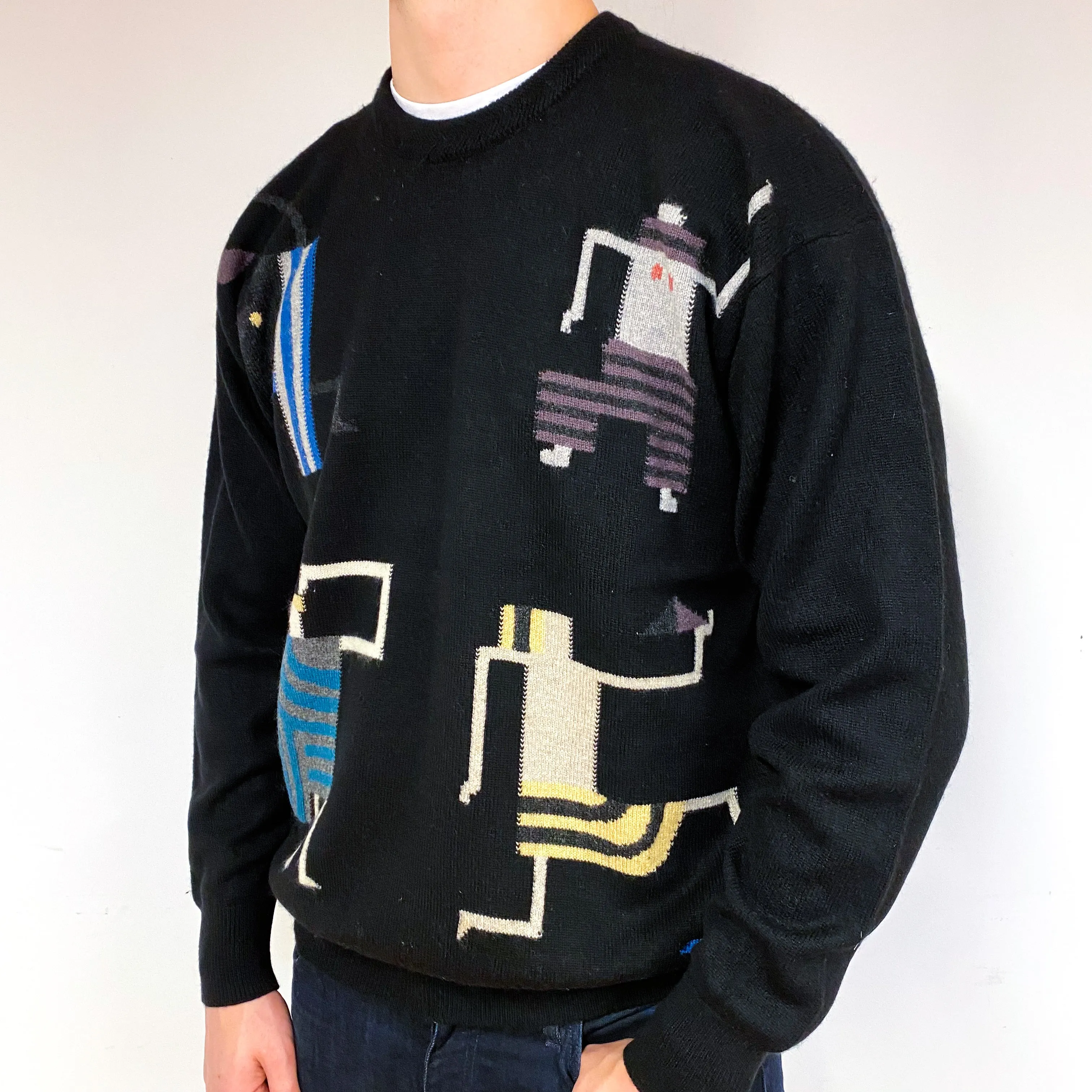 Men's Vintage Black Tribal Cashmere Crew Neck Jumper Extra Large