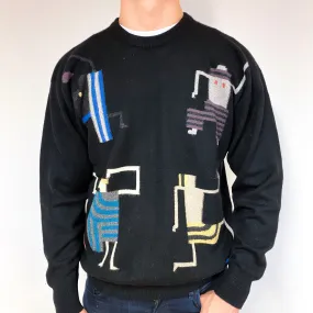 Men's Vintage Black Tribal Cashmere Crew Neck Jumper Extra Large
