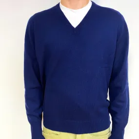 Men's Vintage Navy Blue Cashmere V-Neck Jumper Large