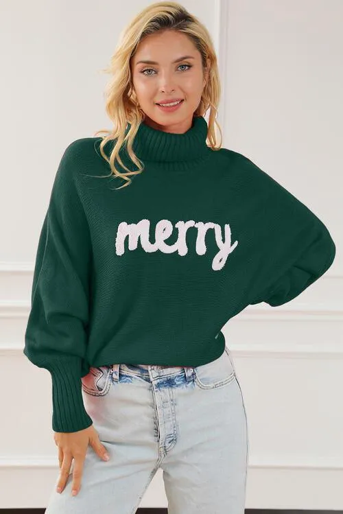 Merry Embroidered Knit Turtleneck Sweater