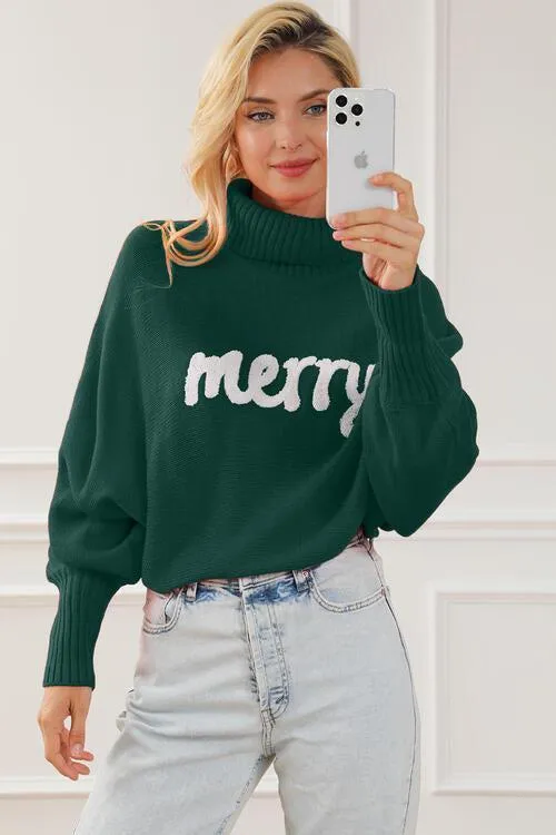 Merry Embroidered Knit Turtleneck Sweater